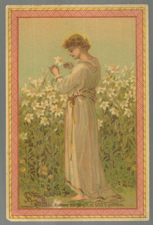 VICTORIAN PICTURE OF OF LOVELY LADY IN GARDEN, BEAUTIFUL FLOWERS ARE THE GIFT OF GOD'S GOODNESS
