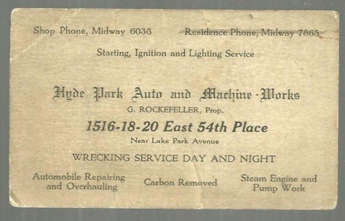 BUSINESS CARD FOR HYDE PARK AUCTO AND MACHINE WORKS, CHICAGO, ILLINOIS