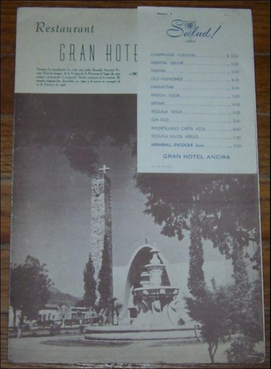 VINTAGE MENU FOR GRAN HOTEL ANCIRA, MONTEREY, MEXICO