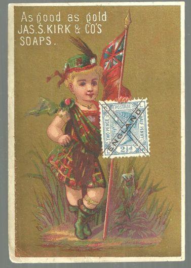 VICTORIAN TRADE CARD FOR J S KIRK SOAPS WITH ENGLAND GIRL
