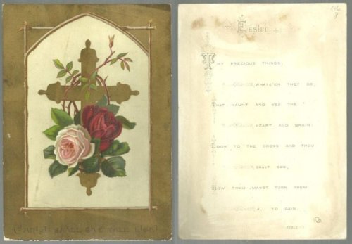 VICTORIAN EASTER CARD WITH GOLD CROSS AND ROSES