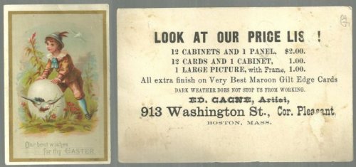 VICTORIAN TRADE CARD FOR ED. GAGNE, ARTIST, BEST WISHES FOR EASTER