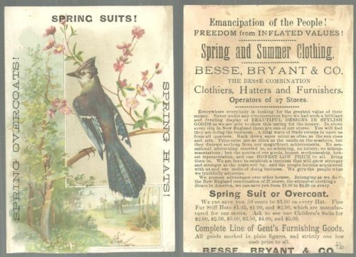 VICTORIAN TRADE CARD FOR BESSE, BRYANT SPRING AND SUMMER CLOTHING WITH BLUE JAY