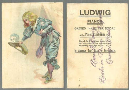 VICTORIAN TRADE CARD FOR LUDWIG PIANOS WITH COURTLY GENTLEMAN