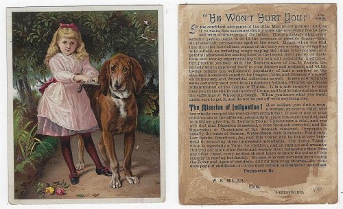 VICTORIAN TRADE CARD FOR DR. D. JAYNE'S TONIC VERMIFUGE WITH GIRL AND BIG DOG