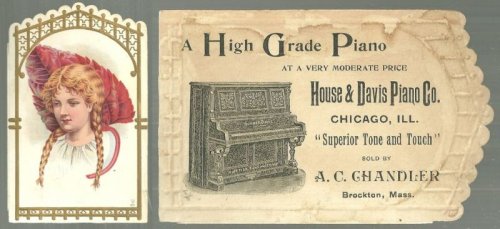 VICTORIAN DIE CUT TRADE CARD FOR HOUSE AND DAVIS PIANO WITH LOVELY LADY