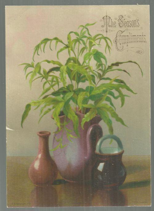 VICTORIAN CHRISTMAS CARD, SEASON'S COMPLIMENTS WITH VASES