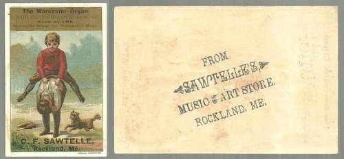 VICTORIAN TRADE CARD FOR THE WORCESTER ORGAN WITH BOYS PLAYING LEAP FROG