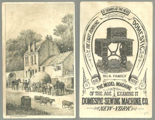VICTORIAN TRADE CARD FOR DOMESTIC SEWING MACHINE WITH RURAL VILLAGE LANDSCAPE