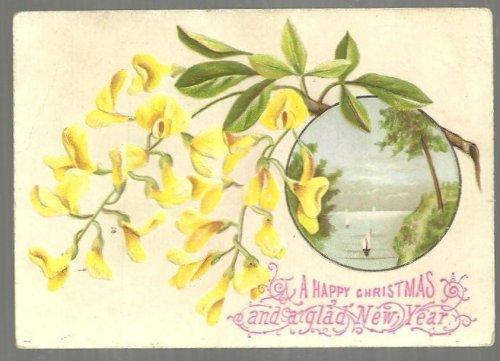 VICTORIAN CHRISTMAS CARD WITH YELLOW FLOWERS AND SAILBOATS