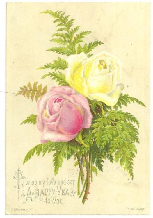 VICTORIAN S. HILDESHEIMER NEW YEAR CARD WITH ROSES