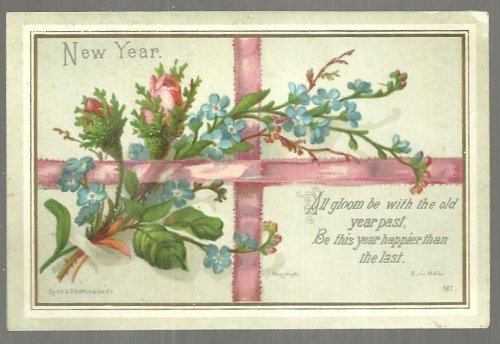 VICTORIAN EYRE AND SPOTTISWOODE NEW YEAR CARD WITH PINK ROSES