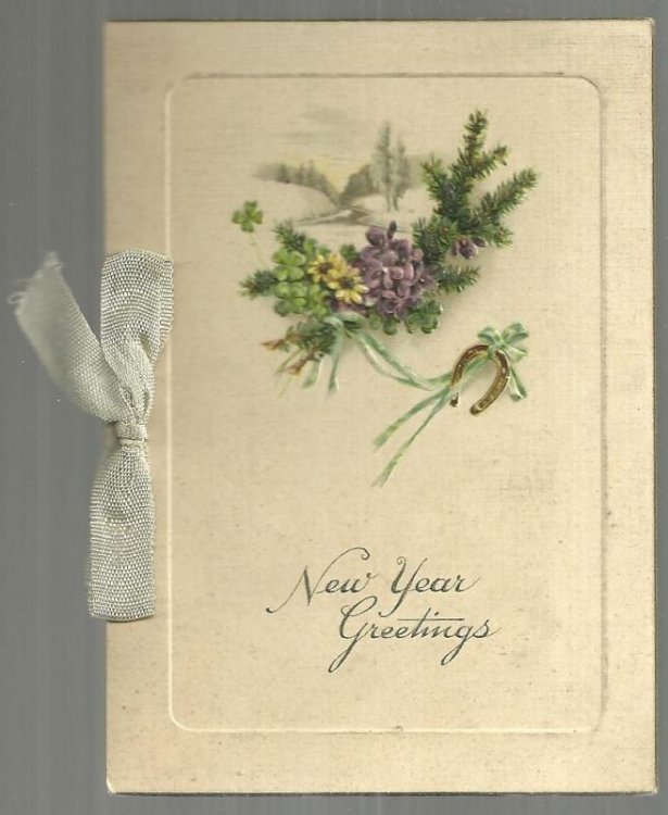 VICTORIAN NEW YEAR GREETING CARD WITH FLOWERS AND RIBBON