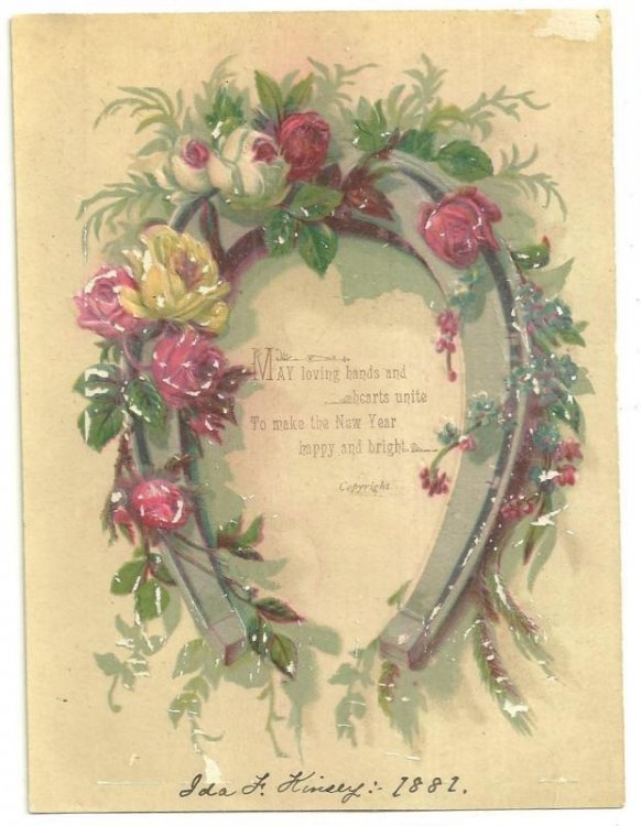 VICTORIAN NEW YEAR CARD WITH ROSES AND HORSESHOE