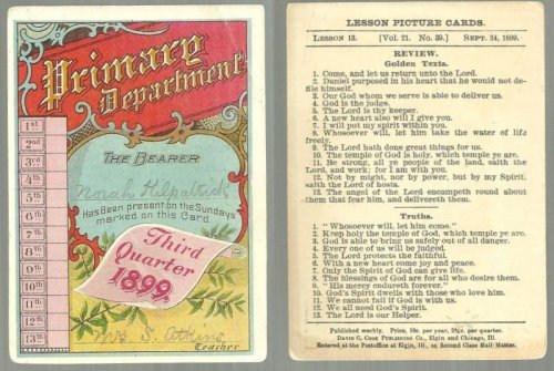 VICTORIAN SUNDAY SCHOOL PRIMARY DEPARTMENT LESSON PICTURE CARD THIRD QUARTER 1899