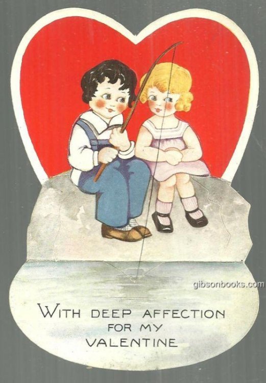 VINTAGE VALENTINE WITH BOY AND GIRL FISHING