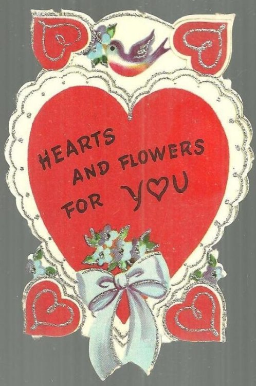 VINTAGE VALENTINE WITH BIRDS AND HEARTS TRIMMED IN SILVER