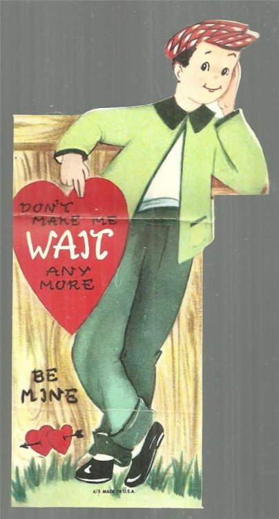 VINTAGE VALENTINE WITH BOY LEANING AGAINST FENCE