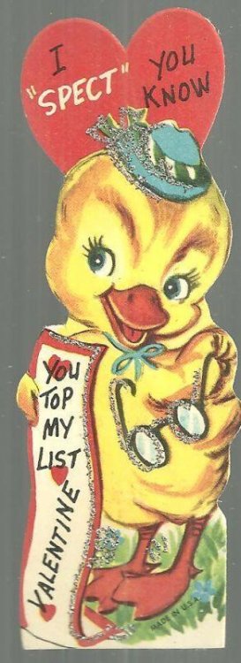 VINTAGE VALENTINE CARD WITH DUCK AND SILVER GLITTER