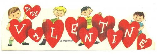 VINTAGE VALENTINE CARD WITH BOYS HOLDING HEARTS WITH LETTERS