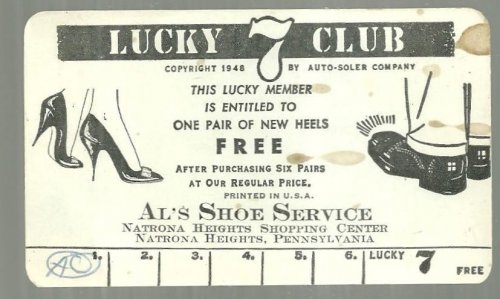 VINTAGE LUCKY 7 CARD FOR AL'S SHOE SERVICE, NATRONA HEIGHTS, PENNSYLVANIA