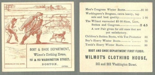 VICTORIAN TRADE CARD FOR WILMOT'S CLOTHING HOUSE, BOSTON WITH CRAWLING ON THE GAME