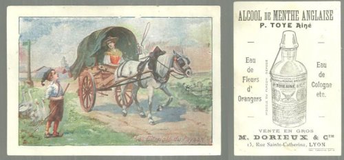 VICTORIAN TRADE CARD FOR ALCOOL DE MENTHE ANGLAISE EAU DE COLOGNE, LYON WITH PEASANT IN HORSE DRAWN CARRIAGE