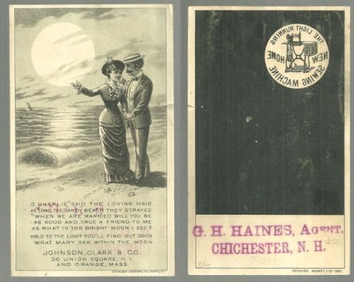 VICTORIAN TRADE CARD FOR NEW HOME SEWING MACHINE WITH COURTING COUPLE ON BEACH AND HOLD TO LIGHT MOON