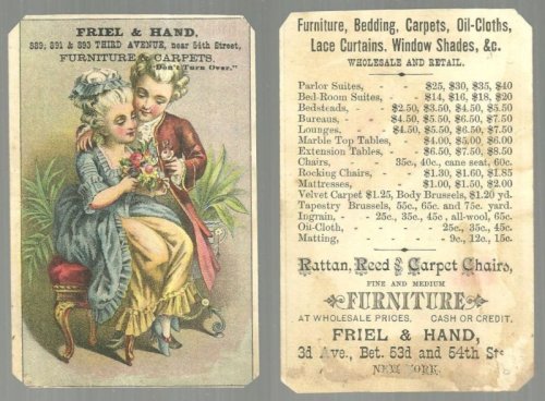 VICTORIAN TRADE CARD FOR FRIEL AND HAND WITH COLONIAL COURTING COUPLE