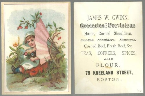 VICTORIAN TRADE CARD FOR JAMES W. GWINN GROCERIES, BOSTON WITH LITTLE GIRL AND FAN