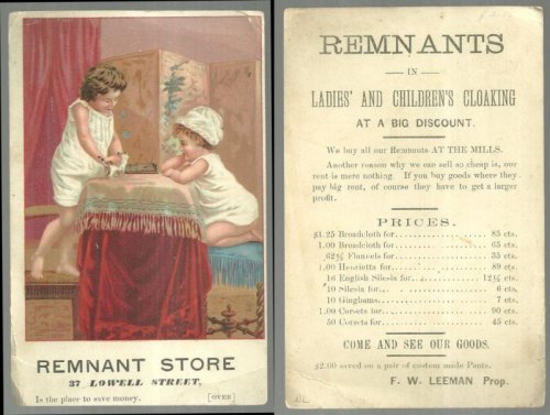 VICTORIAN TRADE CARD FOR REMNANT STORE WITH TWO CHILDREN AND KITTEN