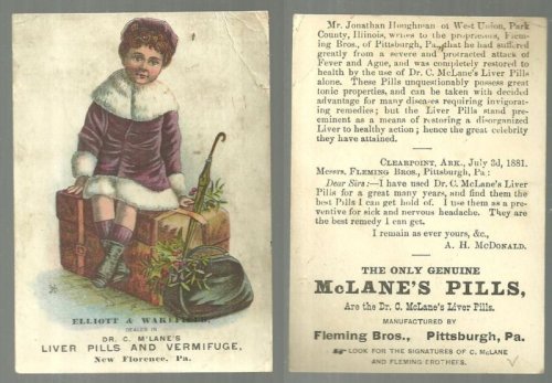 VICTORIAN TRADE CARD FOR MCLANE'S PILLS WITH YOUNG GIRL TRAVELING FOR CHRISTMAS