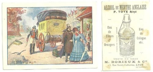 VICTORIAN TRADE CARD FOR ALCOOL DE MENTHE ANGLAISE EAU DE COLOGNE, LYON WITH DUE DILIGENCE SCENE