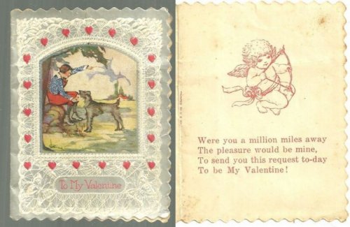 VINTAGE VALENTINE WITH LITTLE BOY PLAYING FETCH WITH DOG