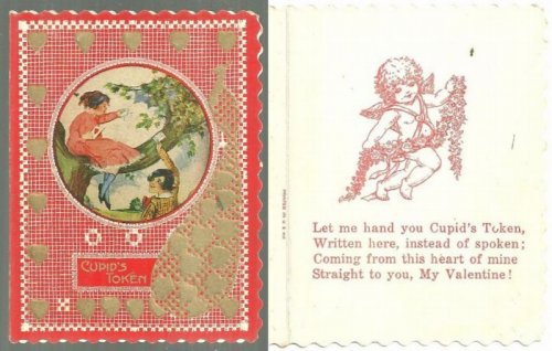 VINTAGE VALENTINE WITH LITTLE BOY AND GIRL PLAYING IN TREE