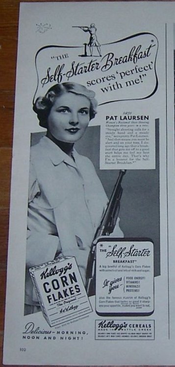1941 KELLOGG'S CORN FLAKES MAGAZINE ADVERTISEMENT WITH PAT LAURSEN CHAMPION SKEET SHOOTER