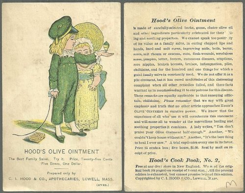 VICTORIAN TRADE CARD FOR HOOD'S OLIVE OINTMENT, WITH GIRL AND BOY PLAYING WITH TOP