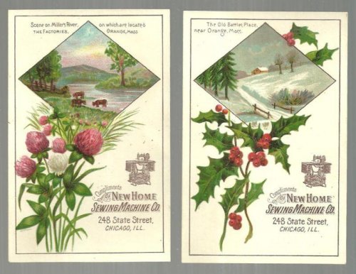 LOT OF TWO VICTORIAN TRADE CARDS FOR NEW HOME SEWING MACHINE WITH ORANGE, MASS SCENES