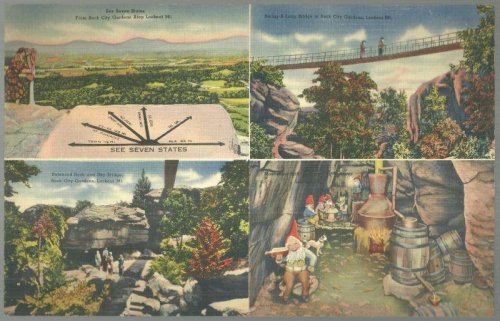 JUMBO POSTCARD OF FOUR VIEWS FROM ROCK CITY GARDENS, TENNESSEE