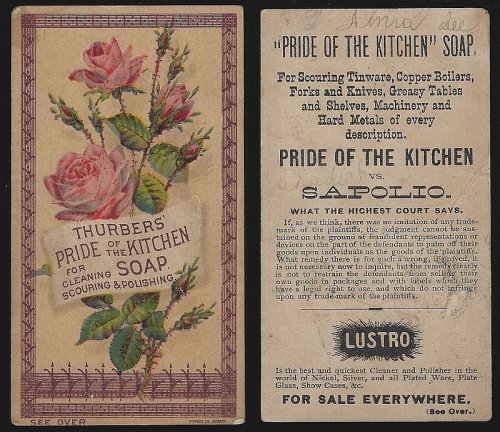 VICTORIAN TRADE CARD FOR THURBERS' KITCHEN SOAP WITH PINK ROSES