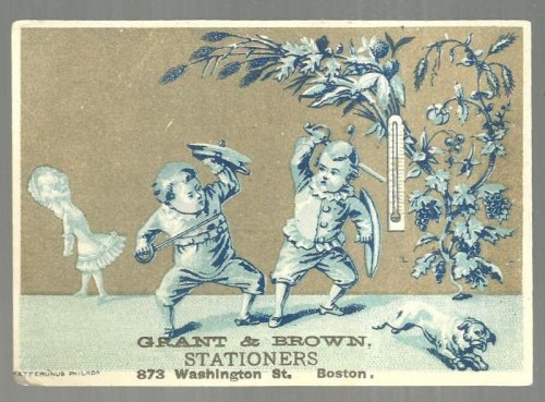 VICTORIAN TRADE CARD FOR GRANT AND BROWN STATIONERS, BOSTON, MASSACHUSETTS WITH SWORD FIGHT