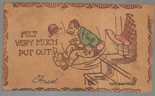 LEATHER POSTCARD WITH MAN GETTING THE BOOT