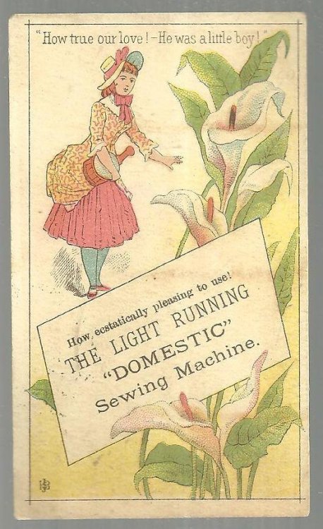 VICTORIAN TRADE CARD FOR DOMESTIC SEWING MACHINE WITH LOVELY LADY AND FLOWERS