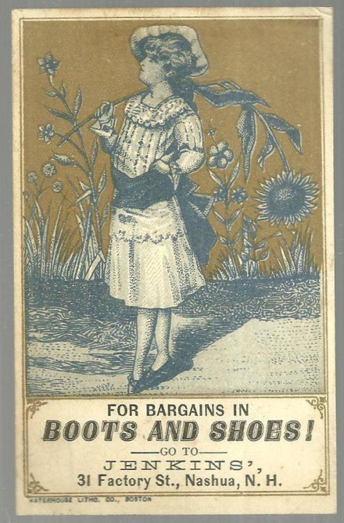 VICTORIAN TRADE CARD FOR JENKINS' BOOTS AND SHOES WITH LOVELY LADY