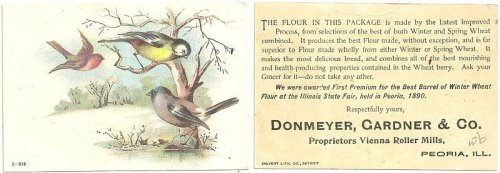 VICTORIAN TRADE CARD FOR VIENNA ROLLER MILLS FLOUR, PEORIA, ILLINOIS WITH BIRDS IN A SNOWY LANDSCAPE