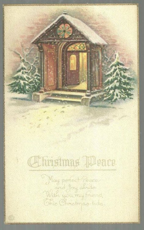 CHRISTMAS PEACE POSTCARD WITH SNOWY CHURCH DOORWAY