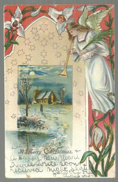 MERRY CHRISTMAS POSTCARD WITH ANGEL AND SILVER GLITTER