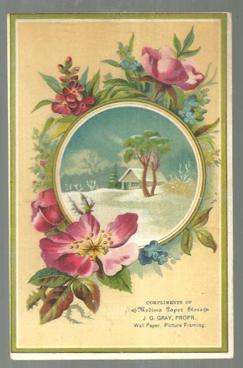 VICTORIAN TRADE CARD FOR MEDINA PAPER STORE WITH SNOWY LANDSCAPE