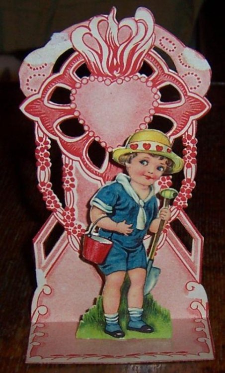 VICTORIAN FOLD OUT VALENTINE WITH LITTLE BOY WITH SHOVEL AND PAIL