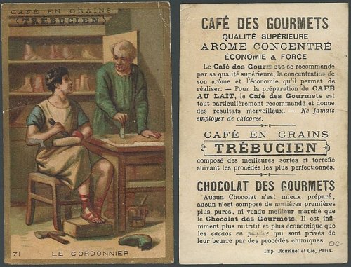 VICTORIAN TRADE CARD FOR TREBUCIEN, CAFE EN GRANINS WITH CLASSICAL SCENE, LE CORDONNIER